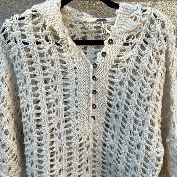 Free People 🔥 Hooded Knitted Sweater Button Up Chest Crew Neck Boho Sz S - Picture 10 of 11